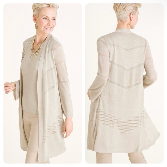 Chico's Shine Cardigan Women's XL Gold Metallic Longline Open Pointelle - Picture 1 of 9